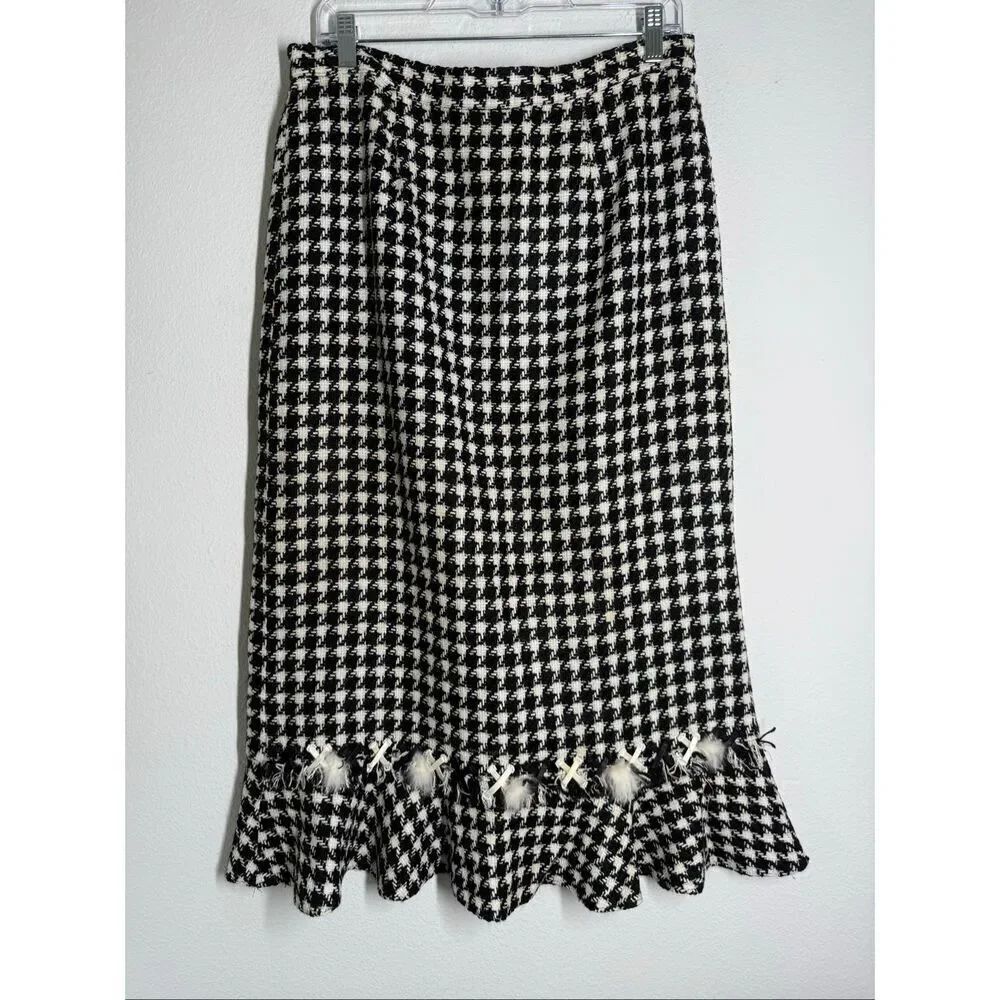 Rare Women’s Bohemian Houndstooth Midi Skirt Fur Trim Size 12 Lined Ruffle Hem